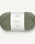 Ball of green yarn with a 'Sandnes Garn Duo' label on a white background