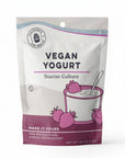 Vegan yogurt starter culture package with strawberry illustration on a white background