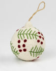 Ornament - Holiday Felt Ball Hand Embroidered White