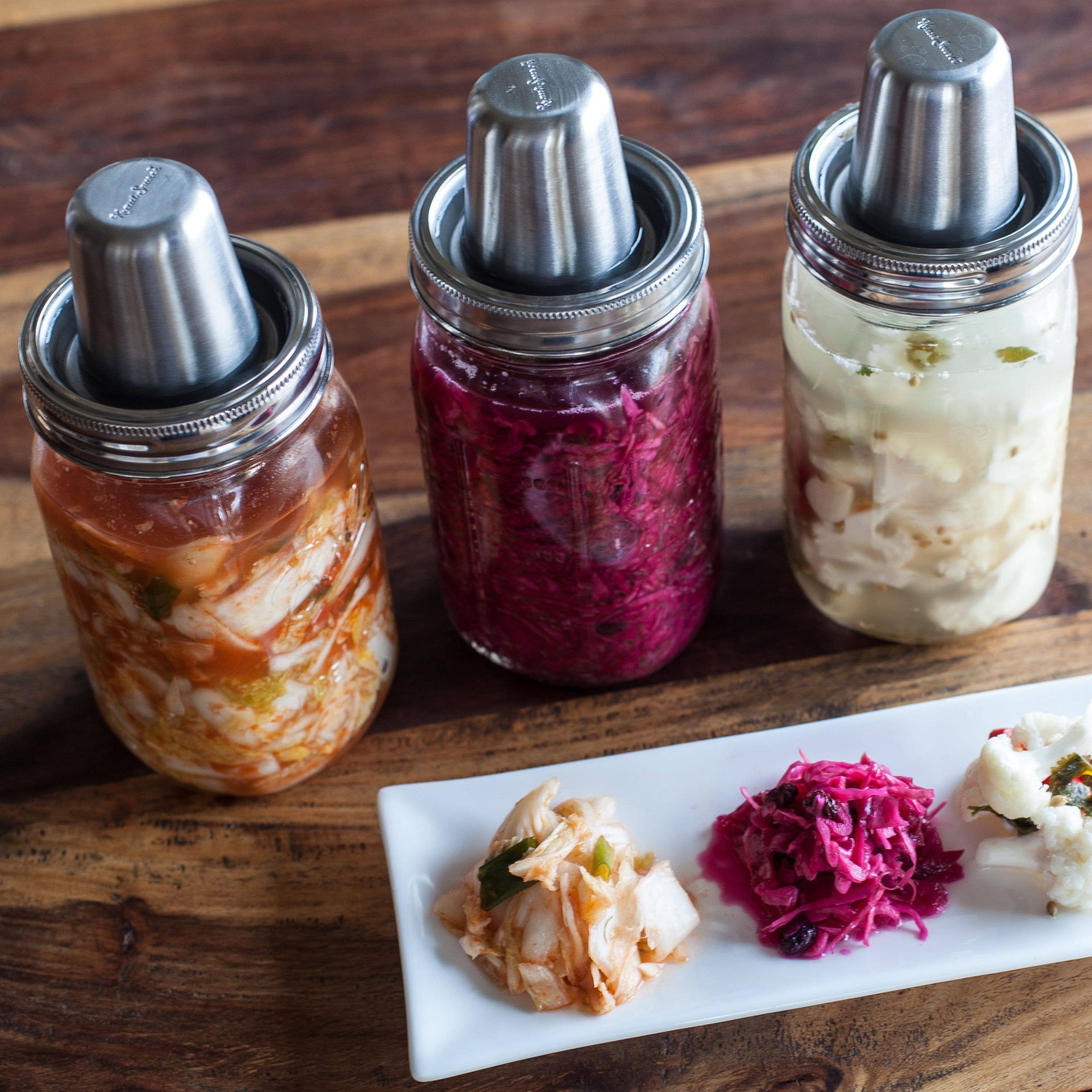 Mason Jar Fermentation Top with Integrated Press and Burpless Cap