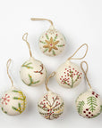 Ornament - Holiday Felt Ball Hand Embroidered White