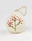 Ornament - Holiday Felt Ball Hand Embroidered White
