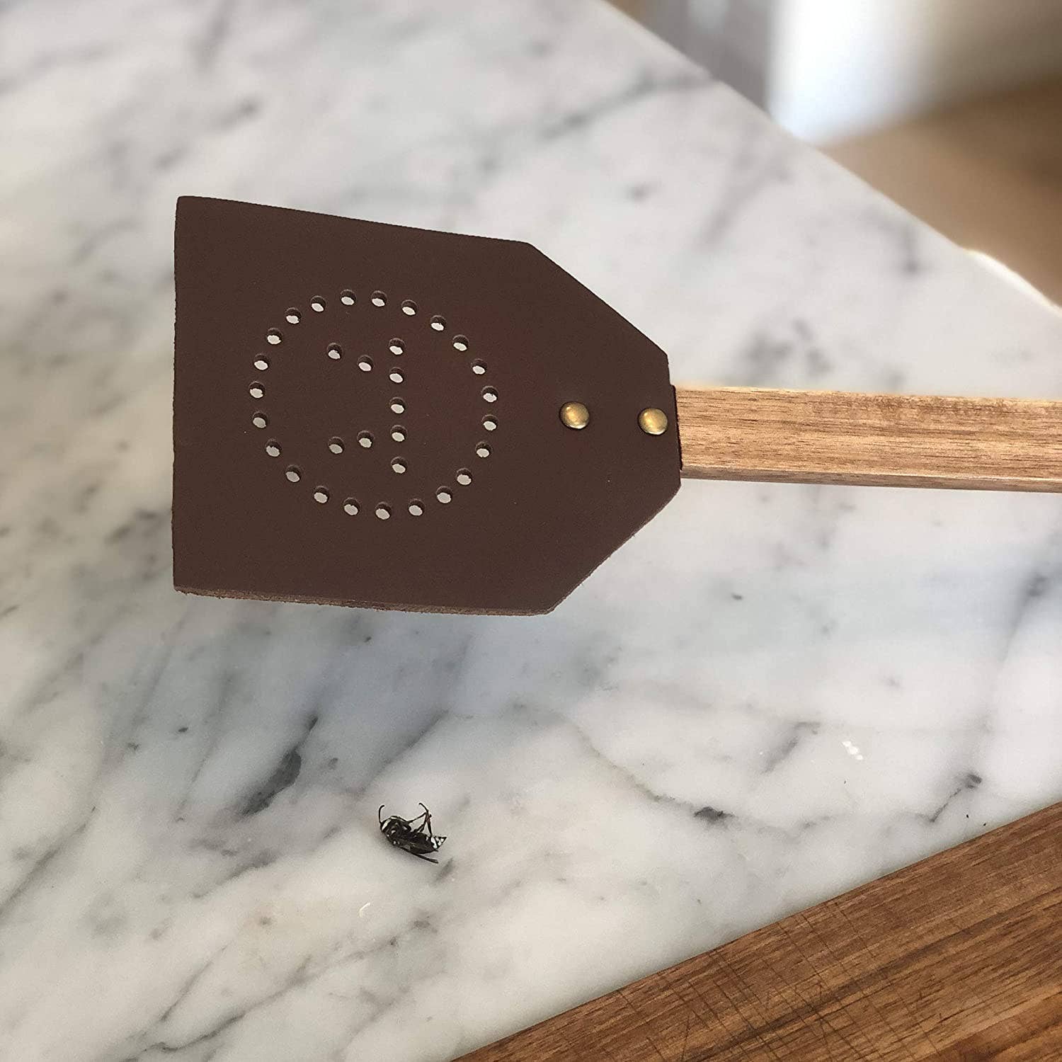 Outset Acacia and Leather Fly Swatter, 17.5" x 4.25"