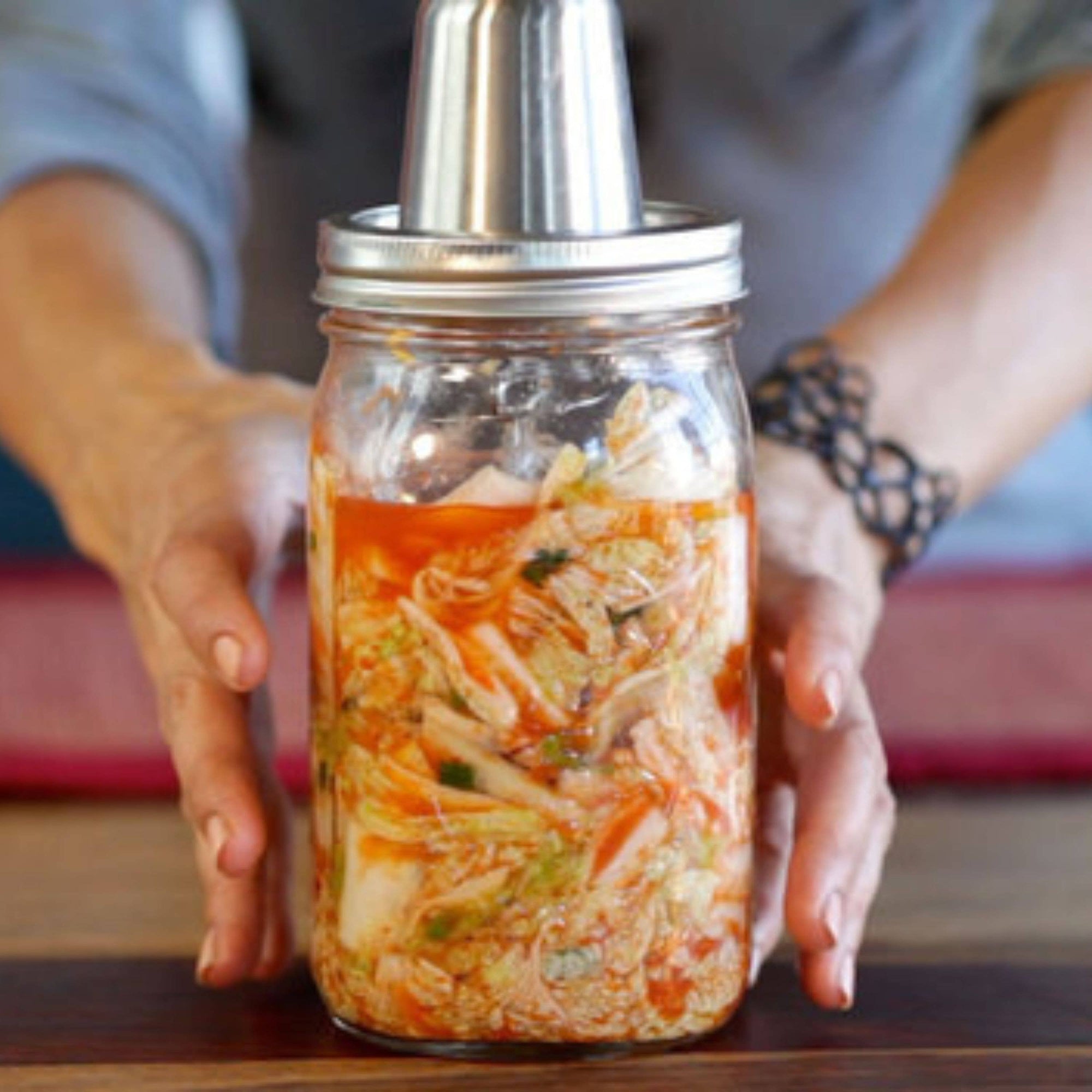 Mason Jar Fermentation Top with Integrated Press and Burpless Cap