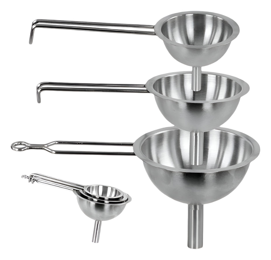 Set of three metal funnels with handles on a white background