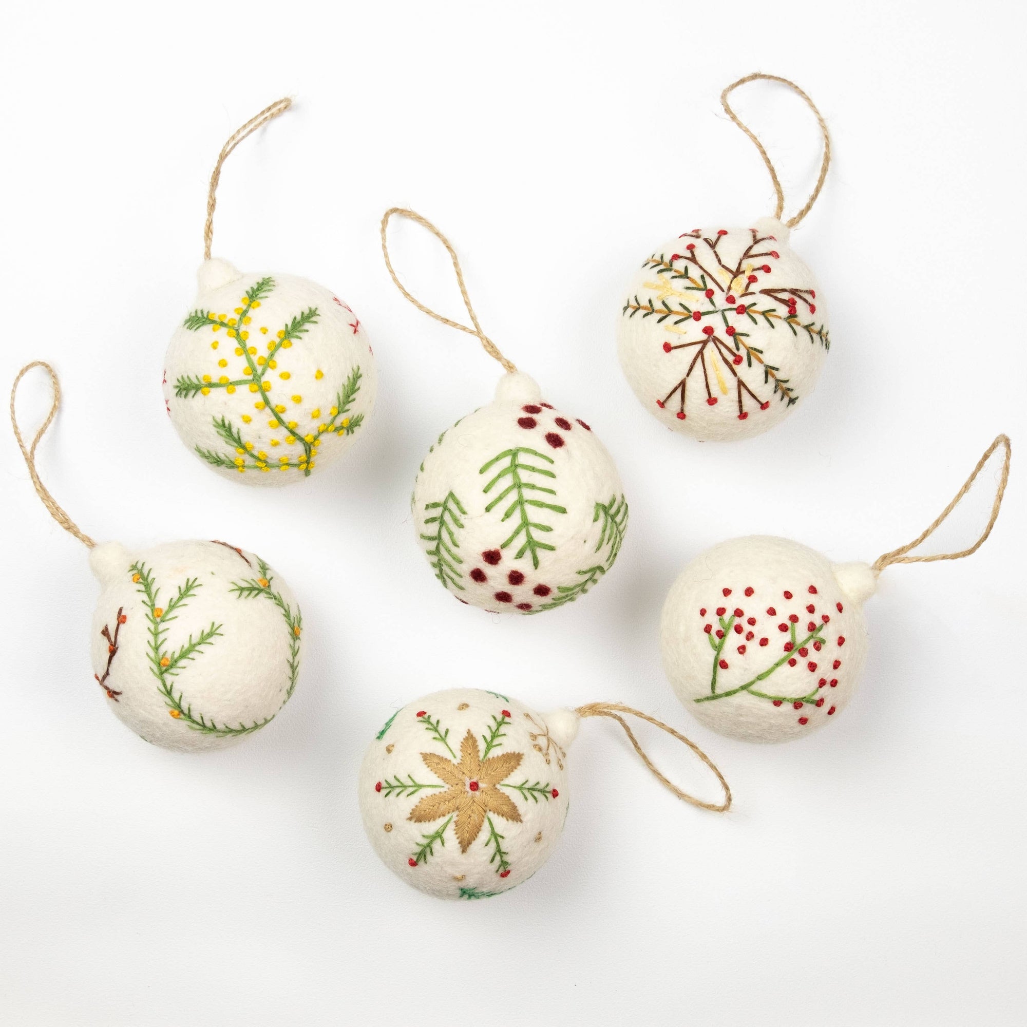 Ornament - Holiday Felt Ball Hand Embroidered White