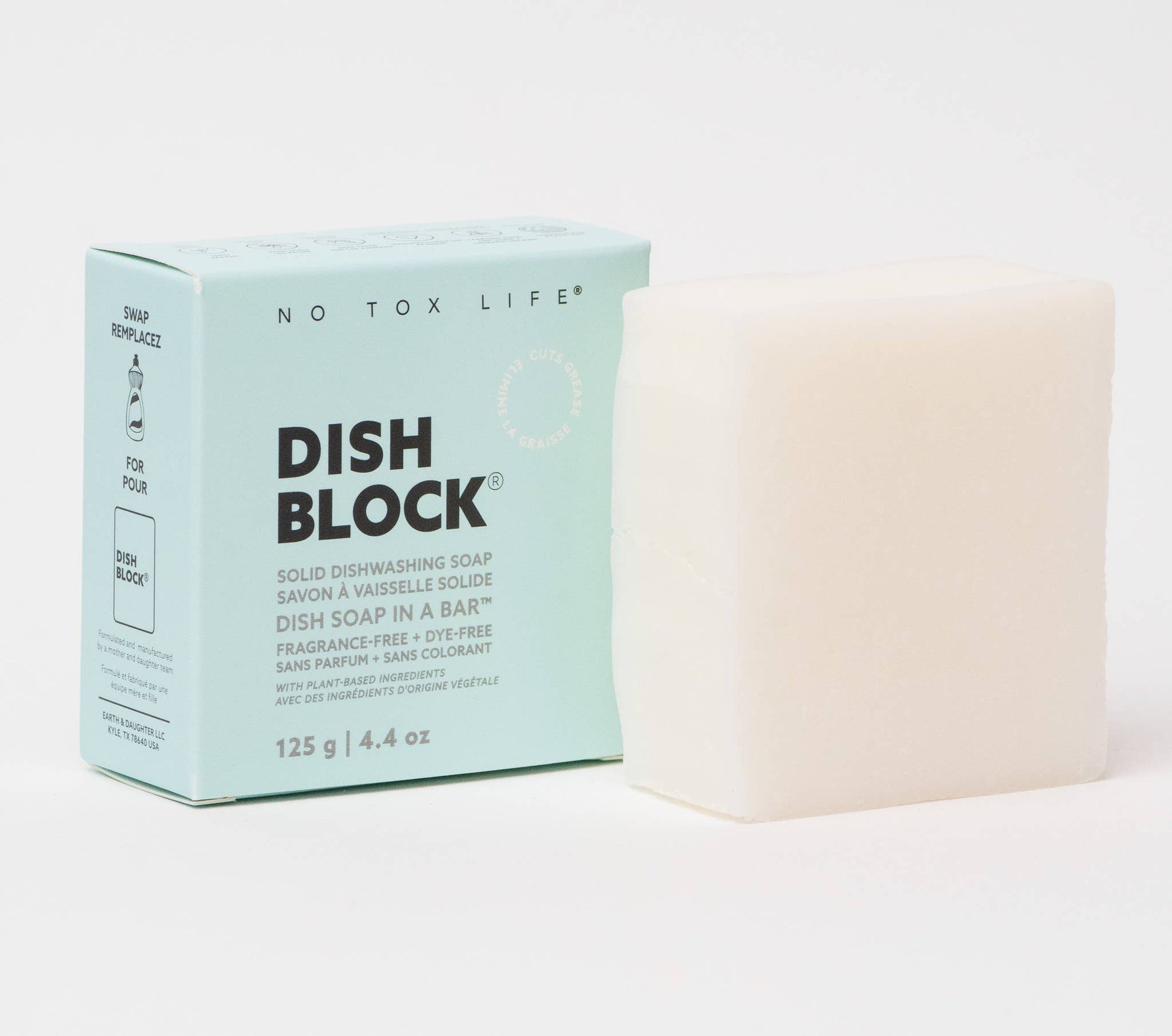 DISH BLOCK® solid dish soap 4.4oz | 125g Fragrance Free - No Tox Life ...