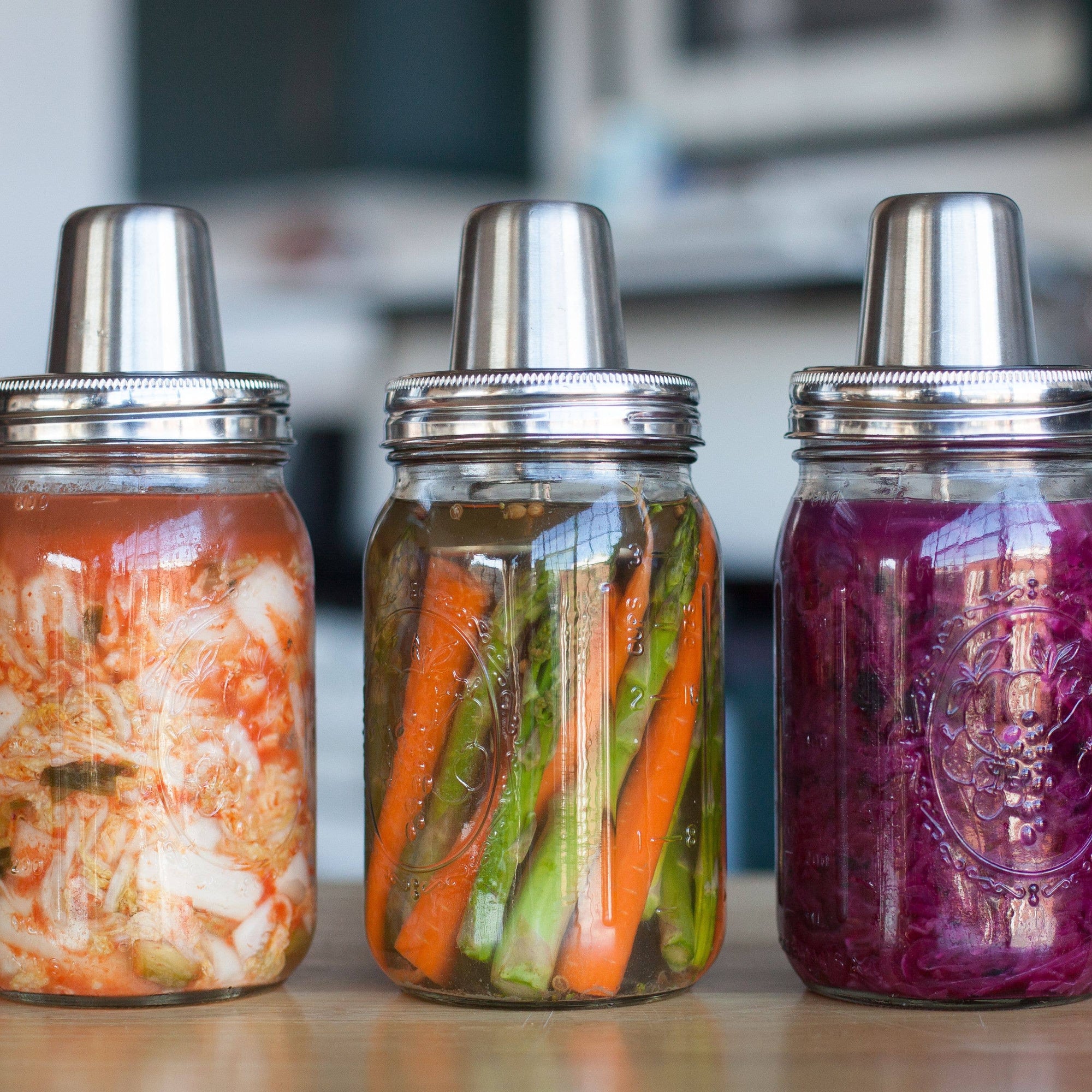 Mason Jar Fermentation Top with Integrated Press and Burpless Cap