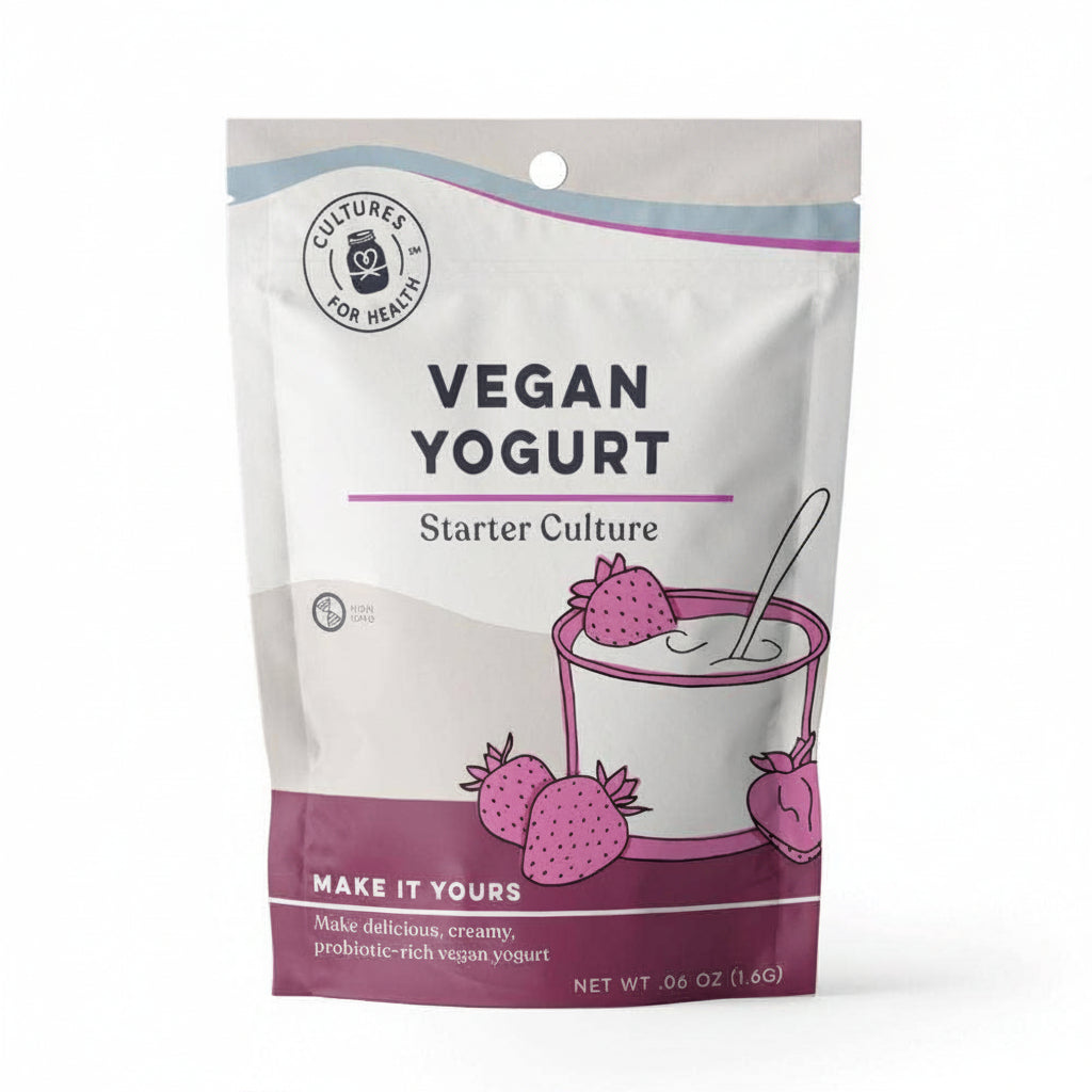 Vegan yogurt starter culture package with strawberry illustration on a white background