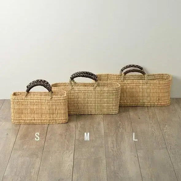 Handwoven Reed Basket with Leather Handles