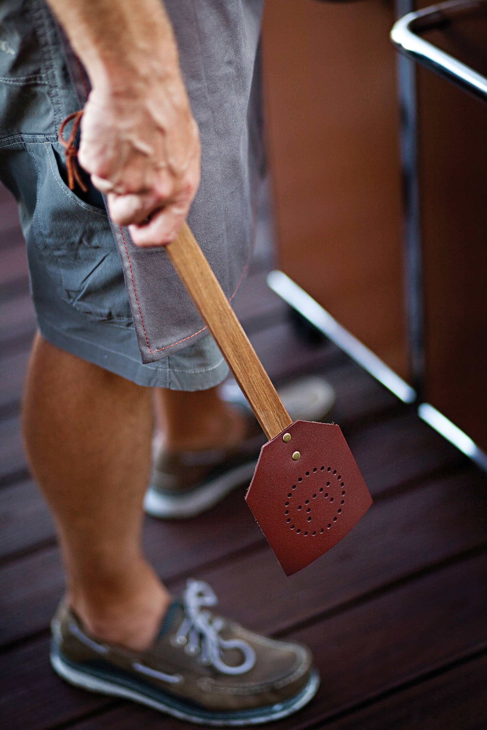 Outset Acacia and Leather Fly Swatter, 17.5" x 4.25"