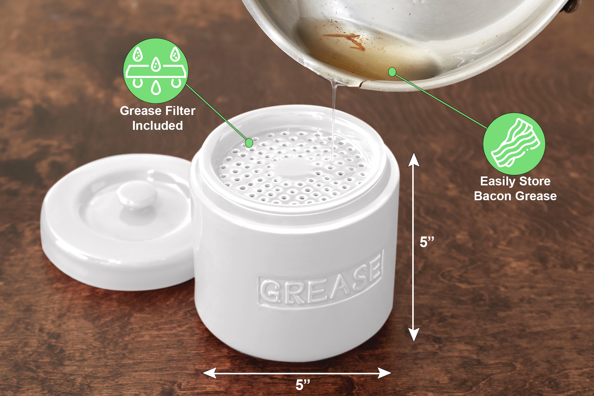 Fox Run Porcelain Grease Container, White, 5&quot; x 5&quot; x 5&quot;