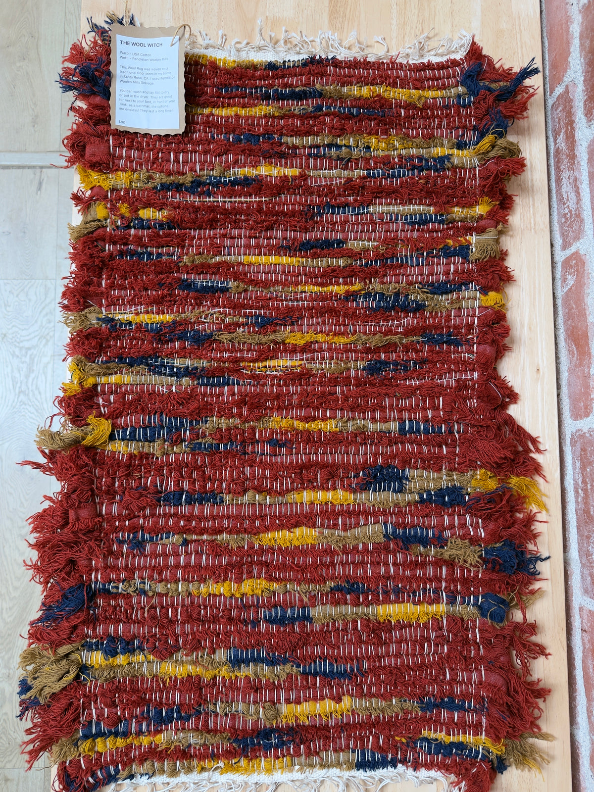 Handwoven Wool Rug — Rust, Navy &amp; Gold — 34.5" x 20"