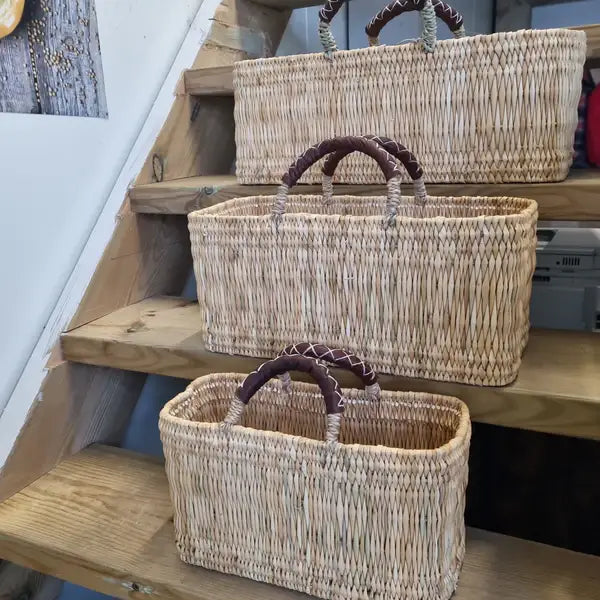 Handwoven Reed Basket with Leather Handles