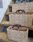 Handwoven Reed Basket with Leather Handles