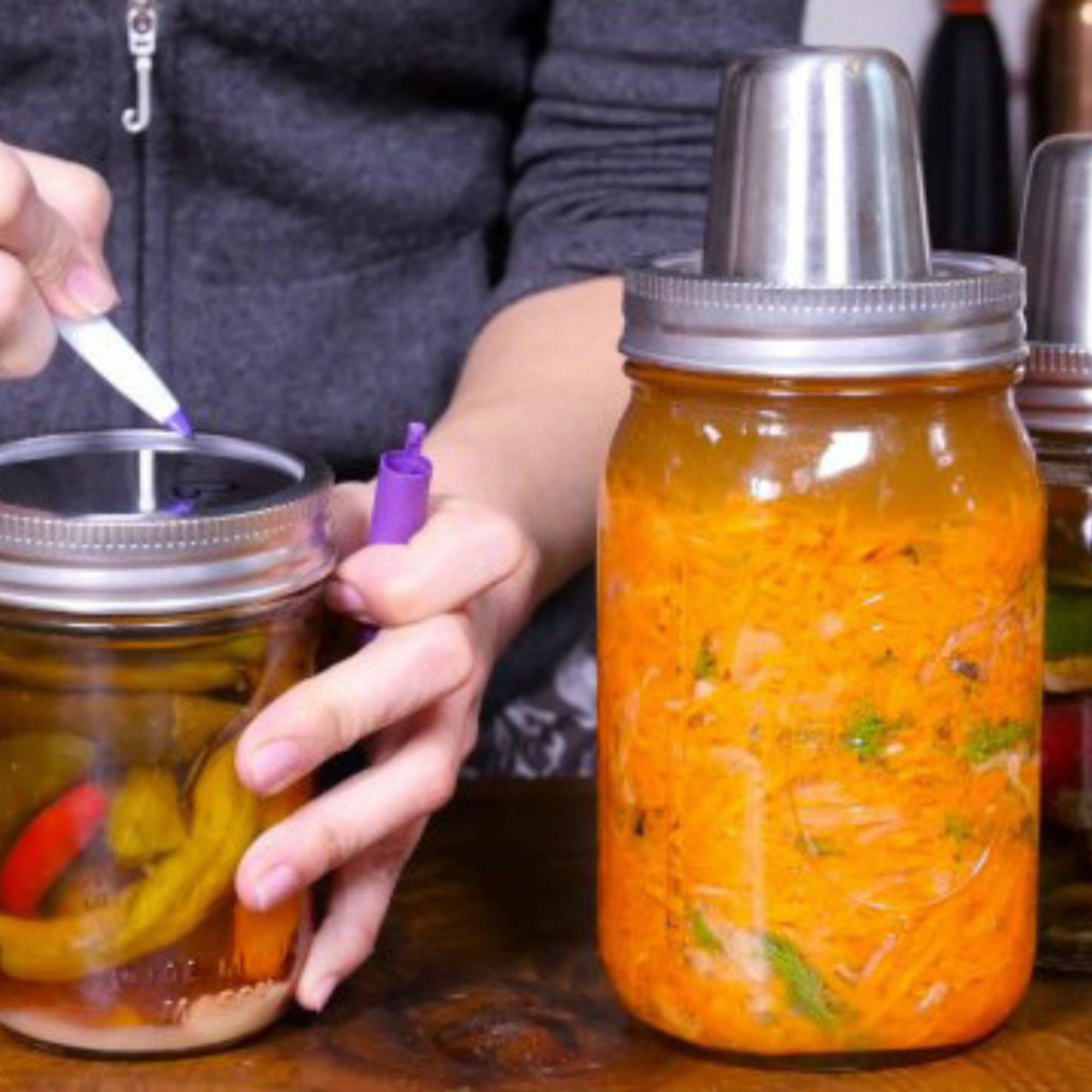 Mason Jar Fermentation Top with Integrated Press and Burpless Cap