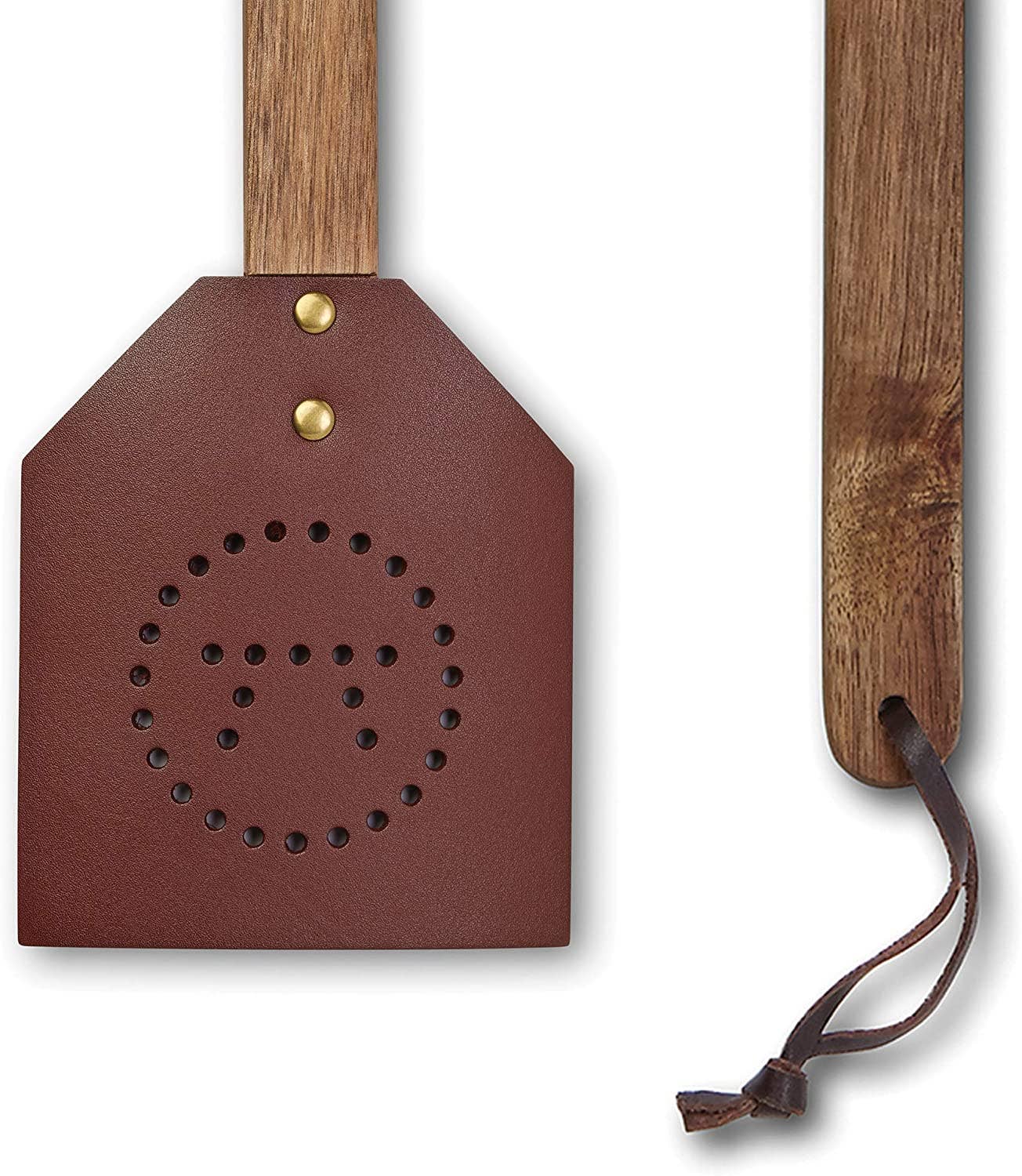 Outset Acacia and Leather Fly Swatter, 17.5" x 4.25"