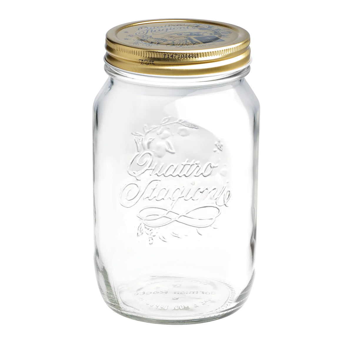 Quattro Stagioni 33.75 oz glass canning jar with gold lid