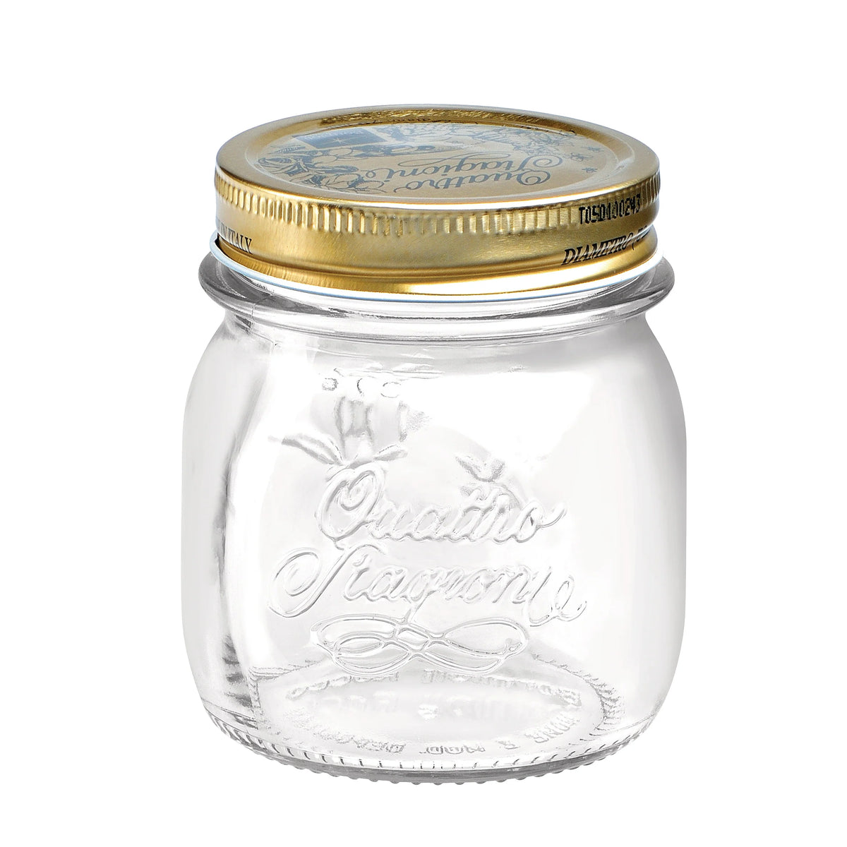 Quattro Stagioni 8.5 oz glass canning jar with gold lid