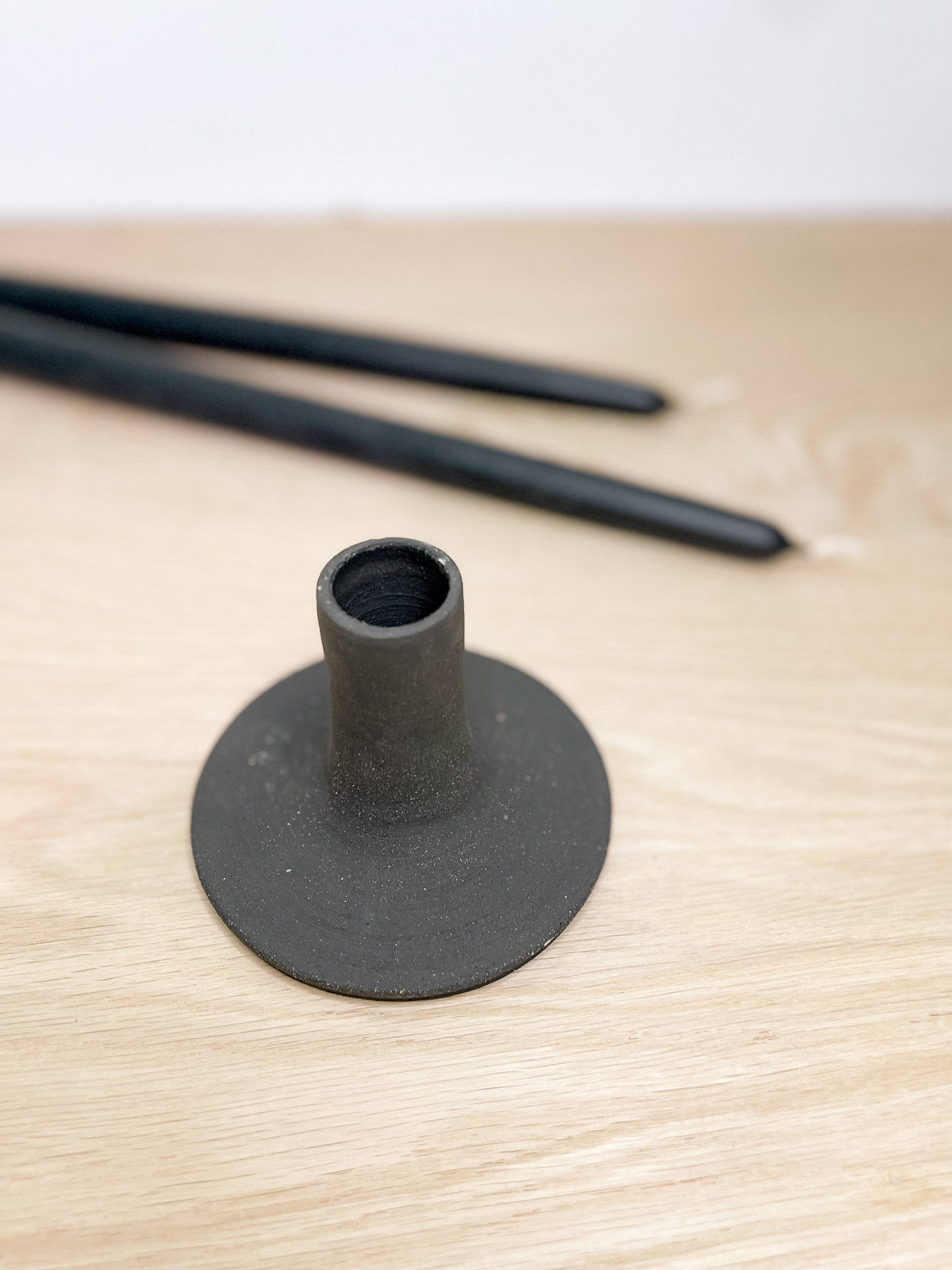 Artisanal Handmade Black Clay Wide Base Candle Taper Holder