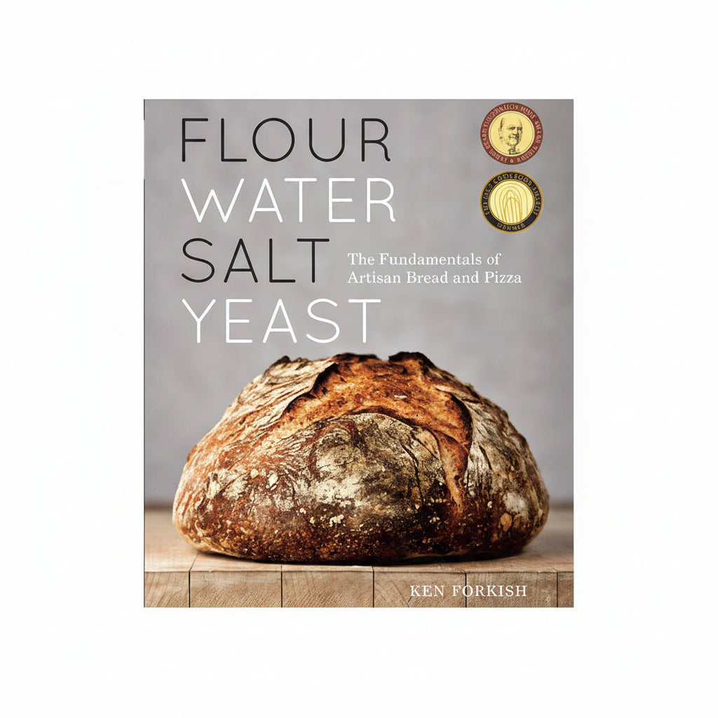 Book cover of 'Flour Water Salt Yeast' with a loaf of bread and author's name on a gray background