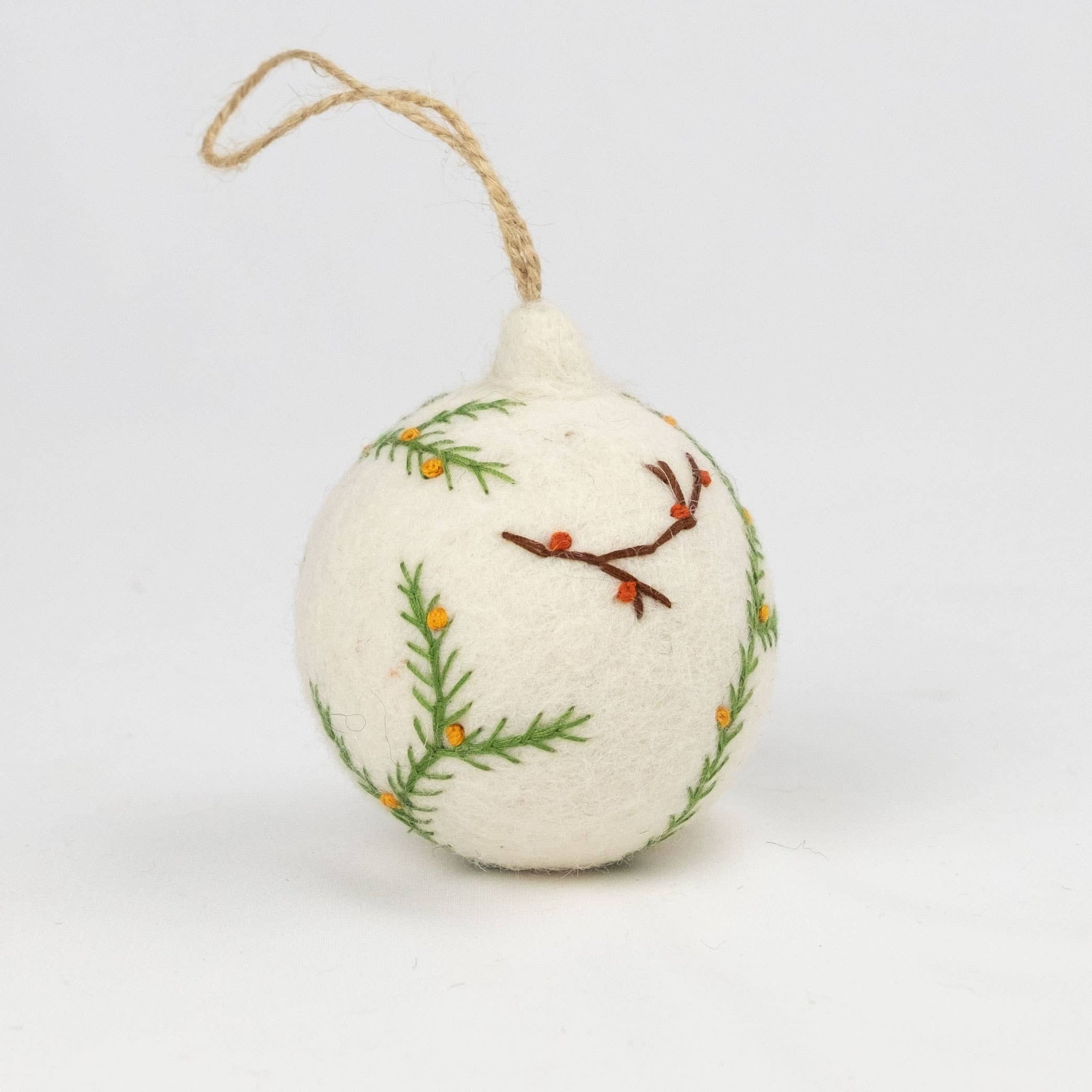 Ornament - Holiday Felt Ball Hand Embroidered White