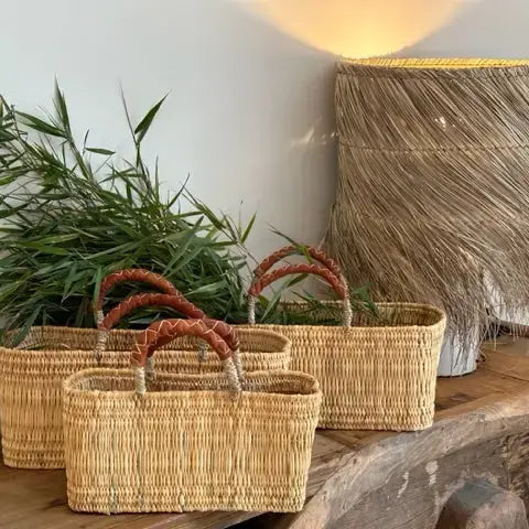 Handwoven Reed Basket with Leather Handles