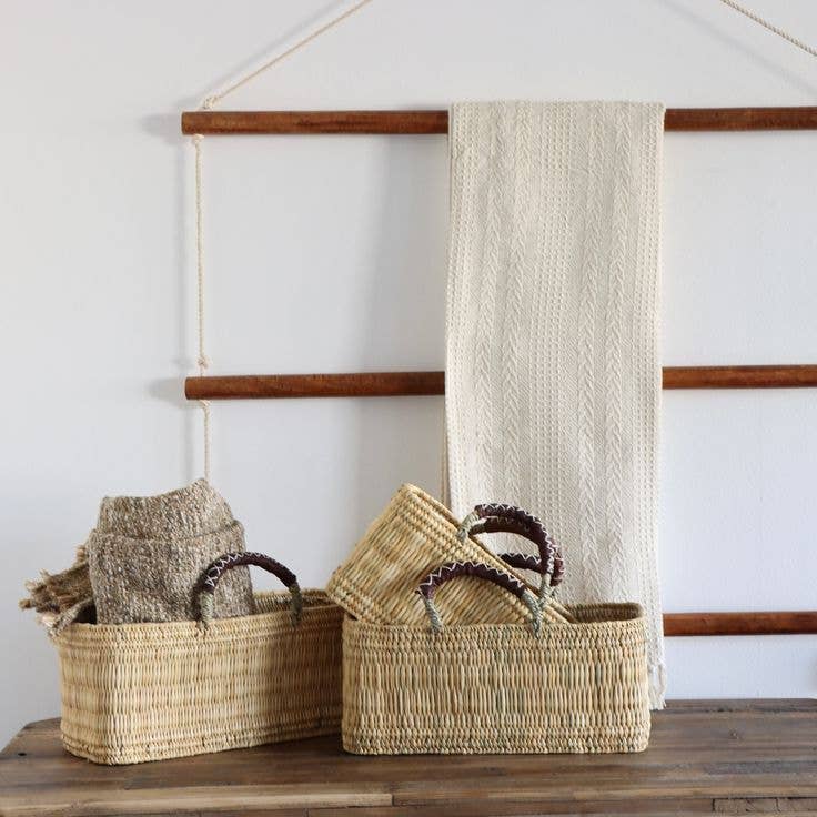 Handwoven Reed Basket with Leather Handles