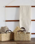 Handwoven Reed Basket with Leather Handles