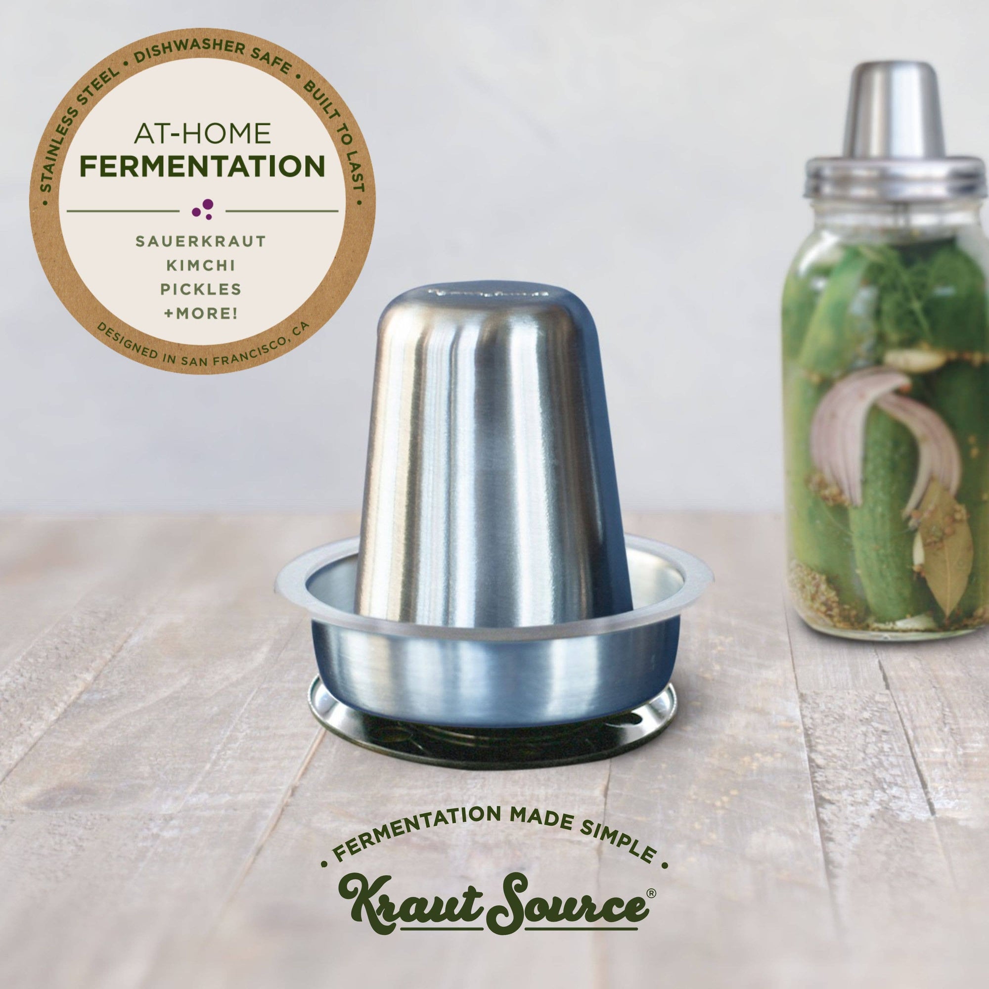 Mason Jar Fermentation Top with Integrated Press and Burpless Cap